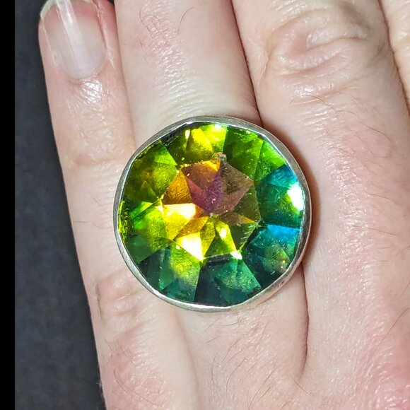Rula Glass Jewelry - Fantastic Signed 1" MEDIUM VITRAIL Rhinestone Sterling Silver Ring Sz 8.5 18.5mm